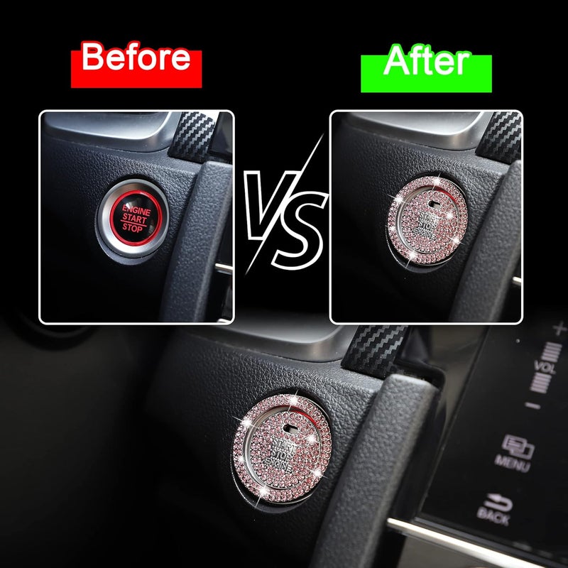 TOMALL Bling Car Engine Start Button Cover Diamond Interior Crystal Push Start Button Ring Stickers Sparkly Accessories Bling Ignition Button Rhinestone Emblem Decorations Universal for Car (Pink) - Image 3